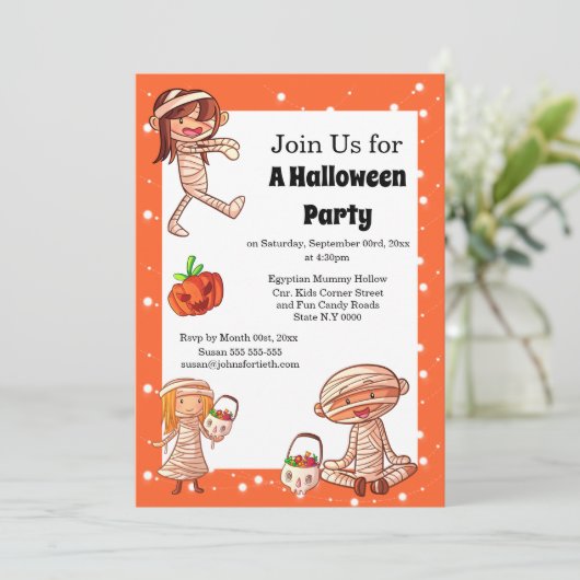 ミイラのエジプトの漫画の怪物かわいい子供たちがドレスアップ 招待状 (スタンド正面)
