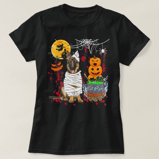 ミイラのドイツの羊飼い犬ハロウィーン犬の怖いポンプ Tシャツ (デザイン正面)