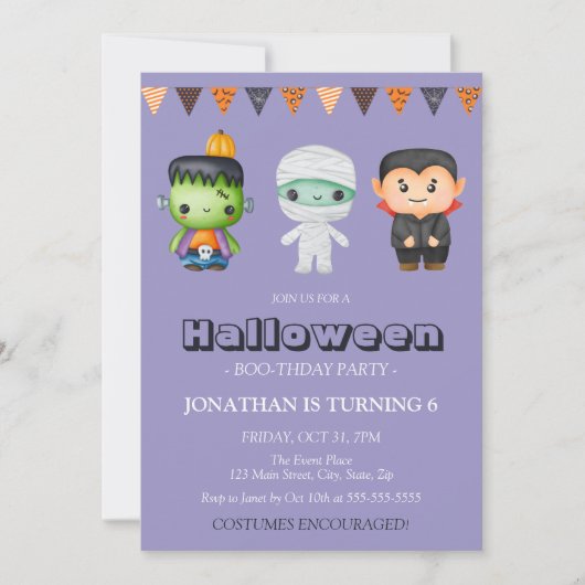ミイラ吸血鬼モンスターキッズハロウィン誕生日 招待状 (正面)