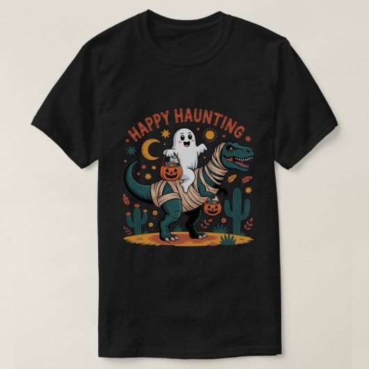 ミイラ恐竜に乗る可愛いお化け - 面白いハロウィン Tシャツ (デザイン正面)
