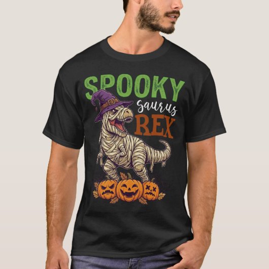 ミイラ恐竜の魔女の帽子パンプキン Tシャツ (正面)