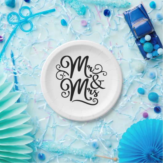 ミエレガントスター&ミ結婚セスたった今結婚しました白黒 ペーパープレート (パーティー)