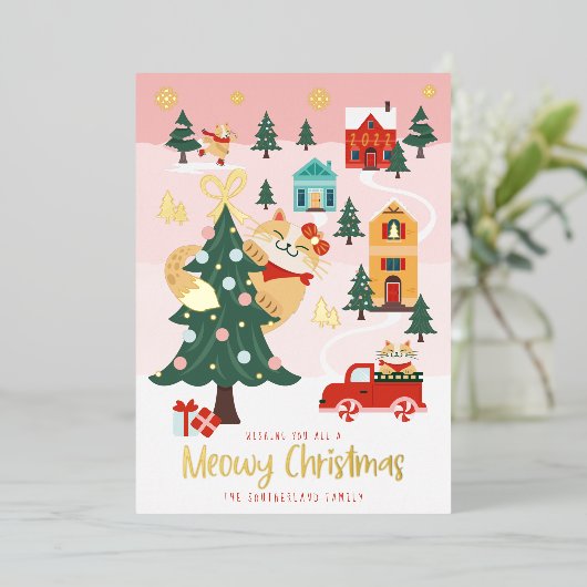 ミオおもしろいウィピーキングキャットクリスマスウィンタービレッジ 箔シーズンカード (立ち正面)