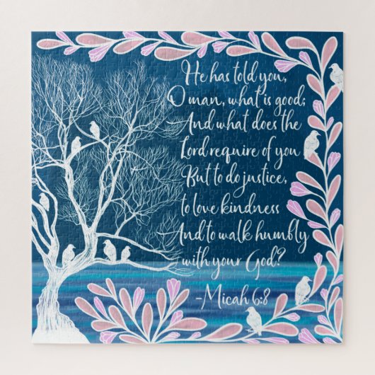 ミカー6:8ティール（緑がかった色）·ブルー·ホワイト·ツリー·バーズ·バイブル·バース ジグソーパズル (縦)