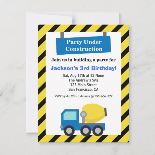ミキサトラック建築テーマ子供の誕生日パーティー 招待状 (正面)