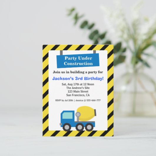 ミキサトラック建築テーマ子供の誕生日パーティー 招待状 (スタンド正面)