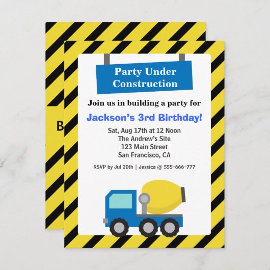 ミキサトラック建築テーマ子供の誕生日パーティー 招待状 (正面/裏面)