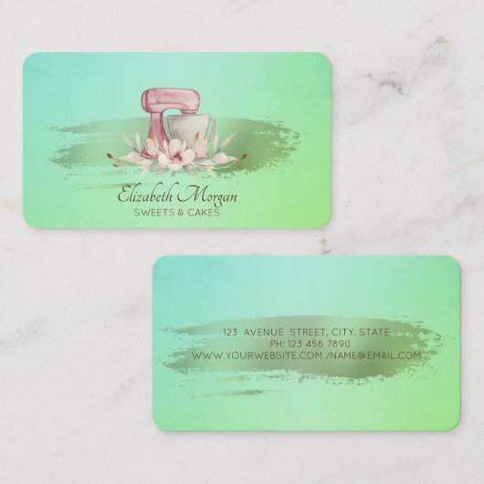 ミキサモダンーフラワーバラ金ゴールドブラシストロークグリーン 名刺 (正面/裏面)