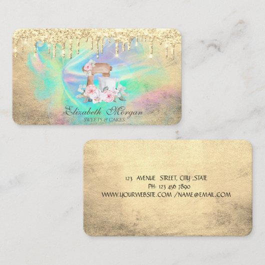 ミキサーフラワーズ金ゴールドドリップホログラフィックインクベーカリー 名刺 (正面/裏面)