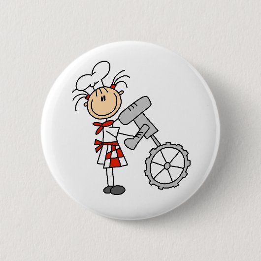 ミキサーボタンを使用している棒の姿のシェフ 缶バッジ (正面)