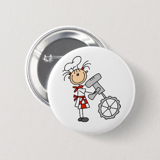 ミキサーボタンを使用している棒の姿のシェフ 缶バッジ (正面&裏面)