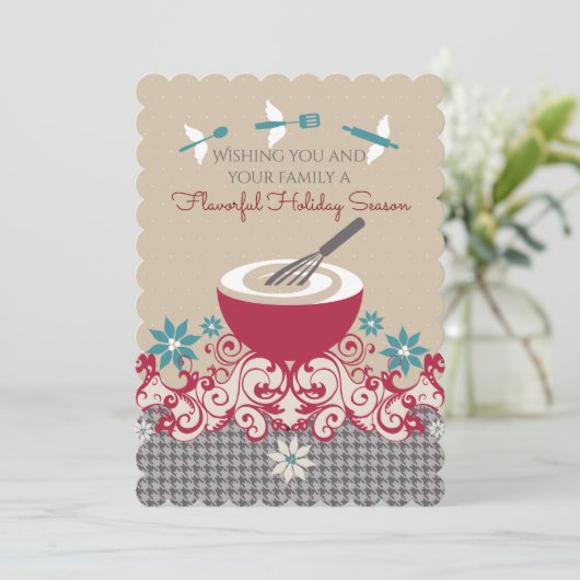 ミキシングボウル飛んでいるウィスク器具クリスマスカード シーズンカード (スタンド正面)