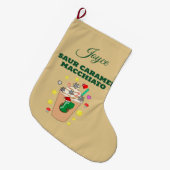ミキチエス・トレックス恐竜のコーヒーキャラメルクリスマス ラージクリスマスストッキング (正面 (吊り時))