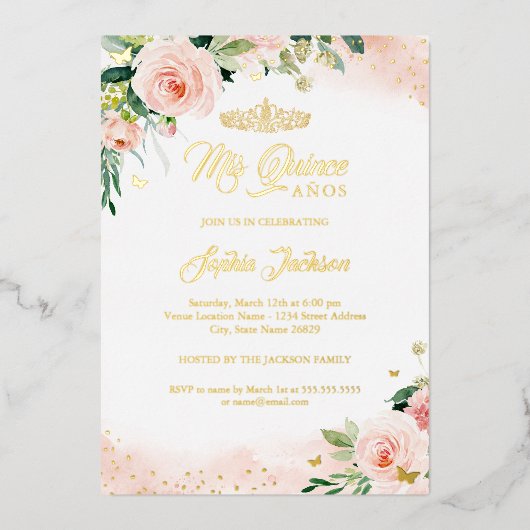 ミクインズピンクフローラ写真キンセアニェラ誕生日 箔招待状 (正面)