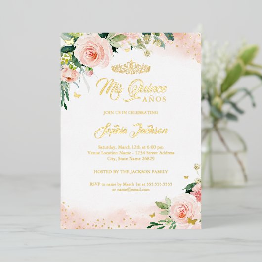 ミクインズピンク金ゴールドフローラキンセアニェラ誕生日 箔招待状 (立ち正面)