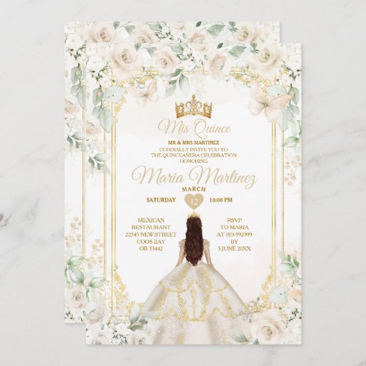 ミクリンアイボリーホワイトフローラプリンセス誕生日 招待状 (正面/裏面)