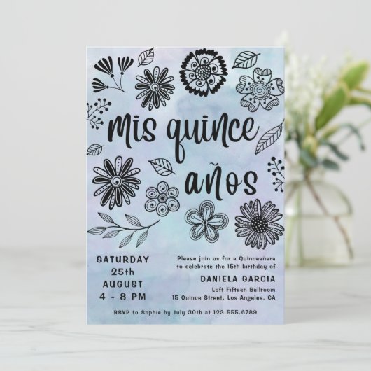 ミクリンスアニョスウォーターカラーブルーフローラキンセアニラ 招待状 (スタンド正面)