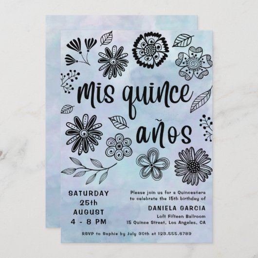 ミクリンスアニョスウォーターカラーブルーフローラキンセアニラ 招待状 (正面/裏面)