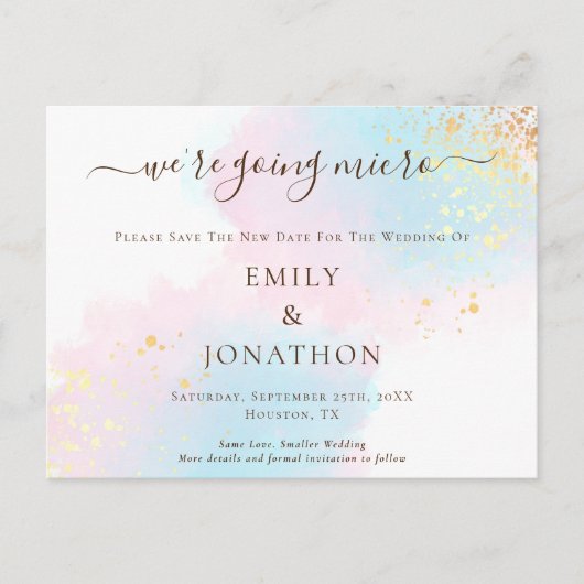 ミクロ結婚スのブルーピンクの水の色は日付を保存 案内ポストカード (正面)