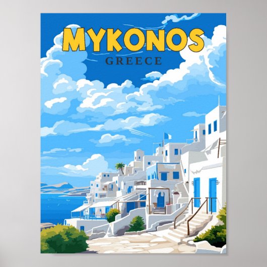 ミコノスギリシャヴィンテージ旅行イラストレーション ポスター (正面)