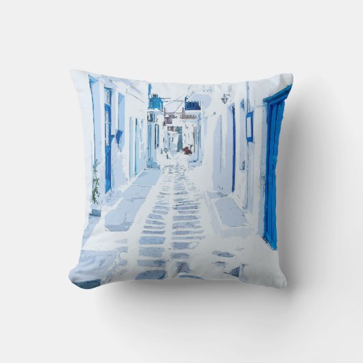 ミコノスギリシャ水彩デジ絵画タルズ クッション (正面)