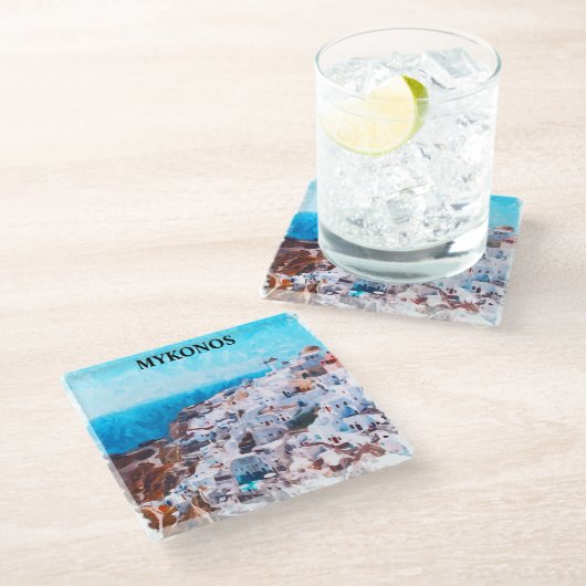 ミコノスギリシャ絵を描水彩画 ガラスコースター (アングル)