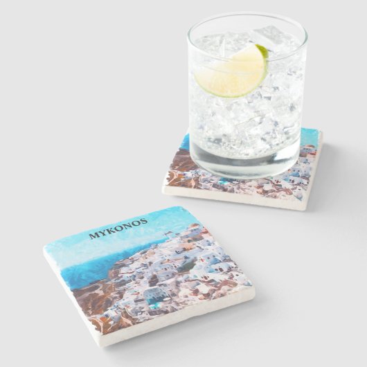 ミコノスギリシャ絵を描水彩画 ストーンコースター (横)