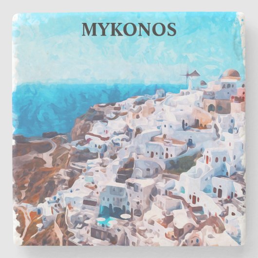 ミコノスギリシャ絵を描水彩画 ストーンコースター (正面)