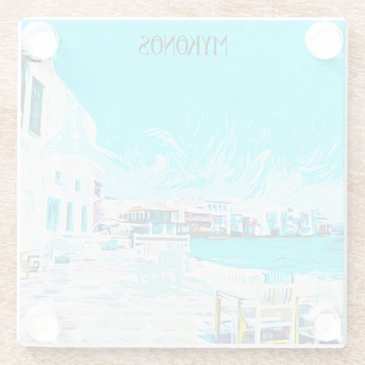 ミコノスギリシャAegean海油絵を描イラストレーション ガラスコースター (裏面)