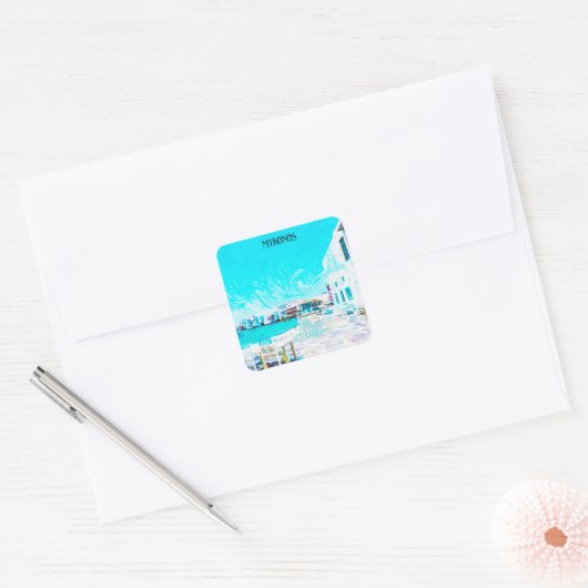 ミコノスギリシャAegean海油絵を描イラストレーション スクエアシール (封筒)