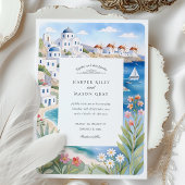 ミコノス島の海辺の風車と水彩画の結婚式 招待状