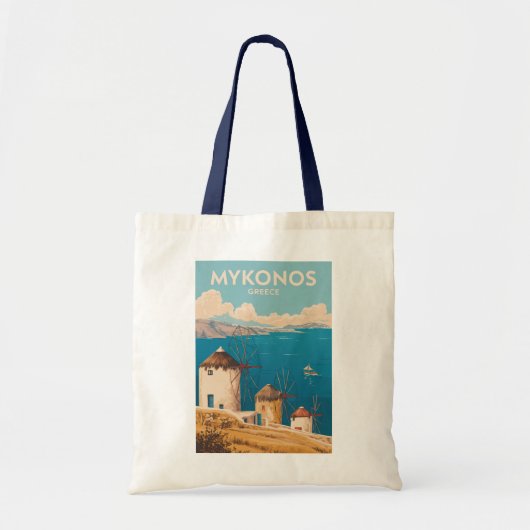 ミコノス島 ギリシャ イラスト 旅行アート ヴィンテージ トートバッグ (正面)