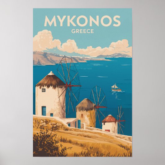 ミコノス島 ギリシャ イラスト 旅行 アート ヴィンテージ ポスター (正面)