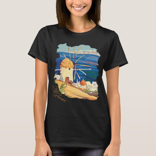 ミコノス島 ギリシャ 風車 青い海岸 旅行 Tシャツ (正面)