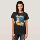 ミコノス島 ギリシャ 風車 青い海岸 旅行 Tシャツ (正面フル)