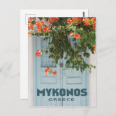 ミコノスGreeceドア（花あり） ポストカード (正面/裏面)