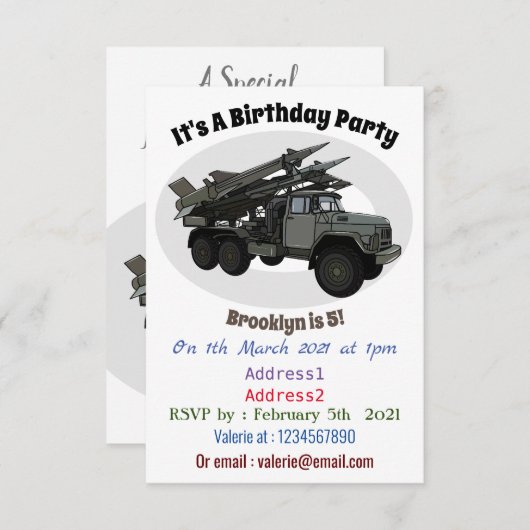 ミサイル車の漫画イラストレーション 招待状 (正面/裏面)