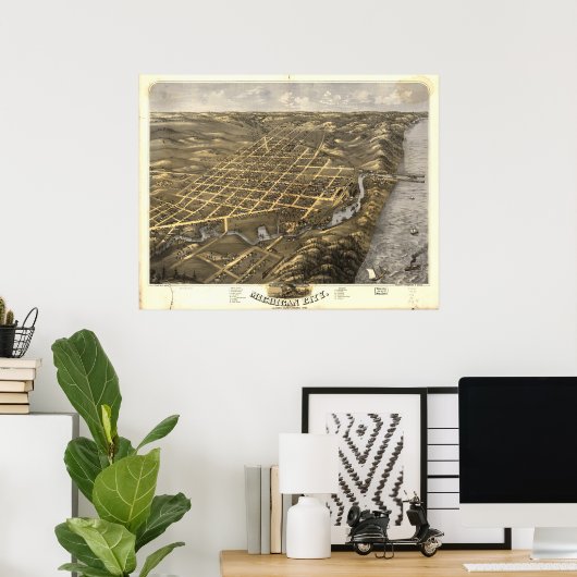 ミシガンシティインディアナ1869アンティークパノラママップ ポスター (ホームオフィス)