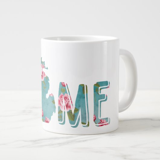 ミシガンズホーム | ピンクヴィンテージバラとアクア ジャンボコーヒーマグカップ (正面右)