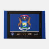 ミシガンハウスマット、ミシガン州旗ブルー/ようこそ ドアマット (正面)