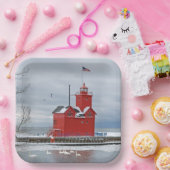 ミシガンビッグレッドライトハウスと冬の白鳥 ペーパープレート (パーティー)