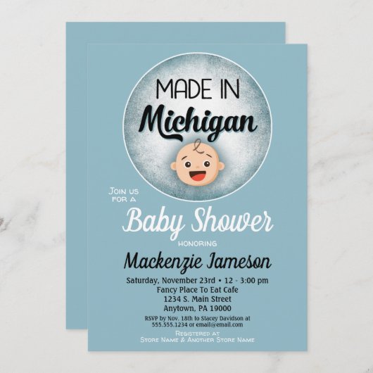 ミシガンベビーシャワーブルーおもしろいボーイズ招待状 招待状 (正面/裏面)