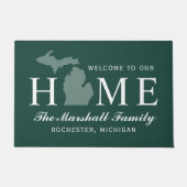 ミシガンホーム州グリーンホワイトカスタムウェルカム ドアマット (正面)