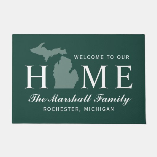 ミシガンホーム州グリーンホワイトカスタムウェルカム ドアマット (正面)