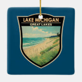ミシガンレイクトラベルアートヴィンテージ セラミックオーナメント (裏面)