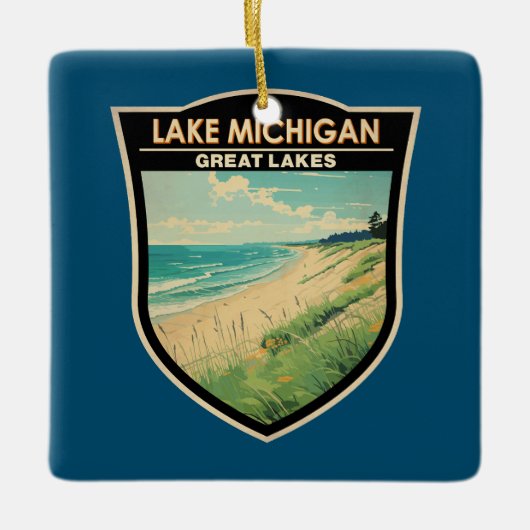 ミシガンレイクトラベルアートヴィンテージ セラミックオーナメント (正面)