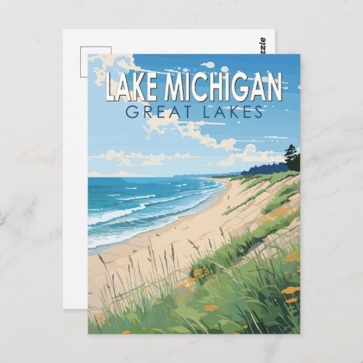 ミシガンレイクトラベルアートヴィンテージ ポストカード (正面/裏面)