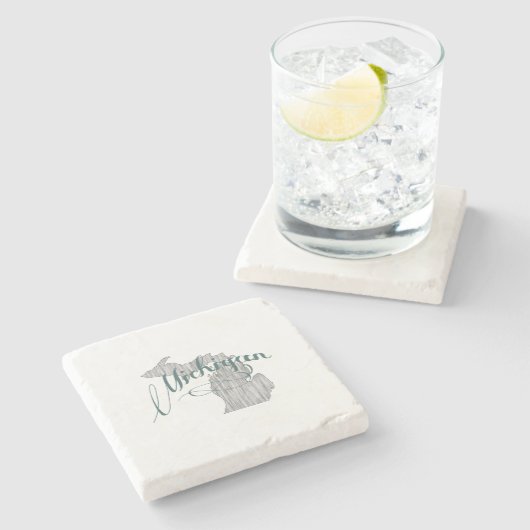 ミシガンヴィンテージタイポグラフィ州マップシェイプグレー ストーンコースター (横)