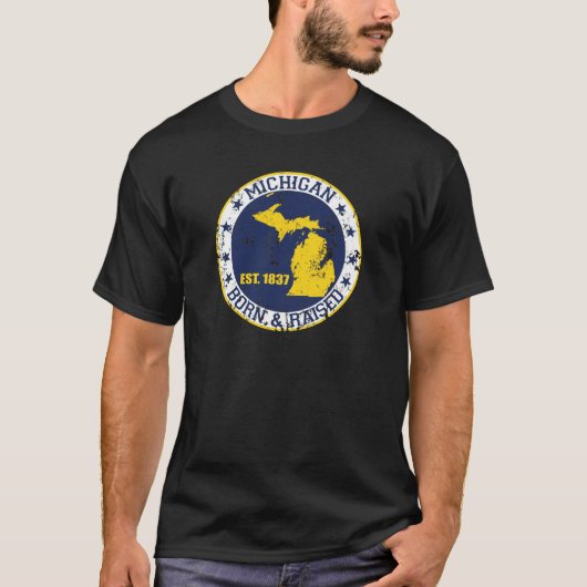 ミシガン州の生まれる上げられた白く青い金ゴールド Tシャツ (正面)