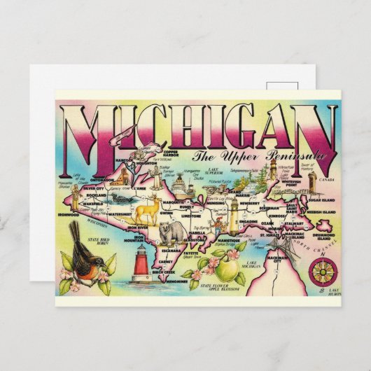 ミシガン州アッパー半島の地図ポストカード ポストカード (正面/裏面)